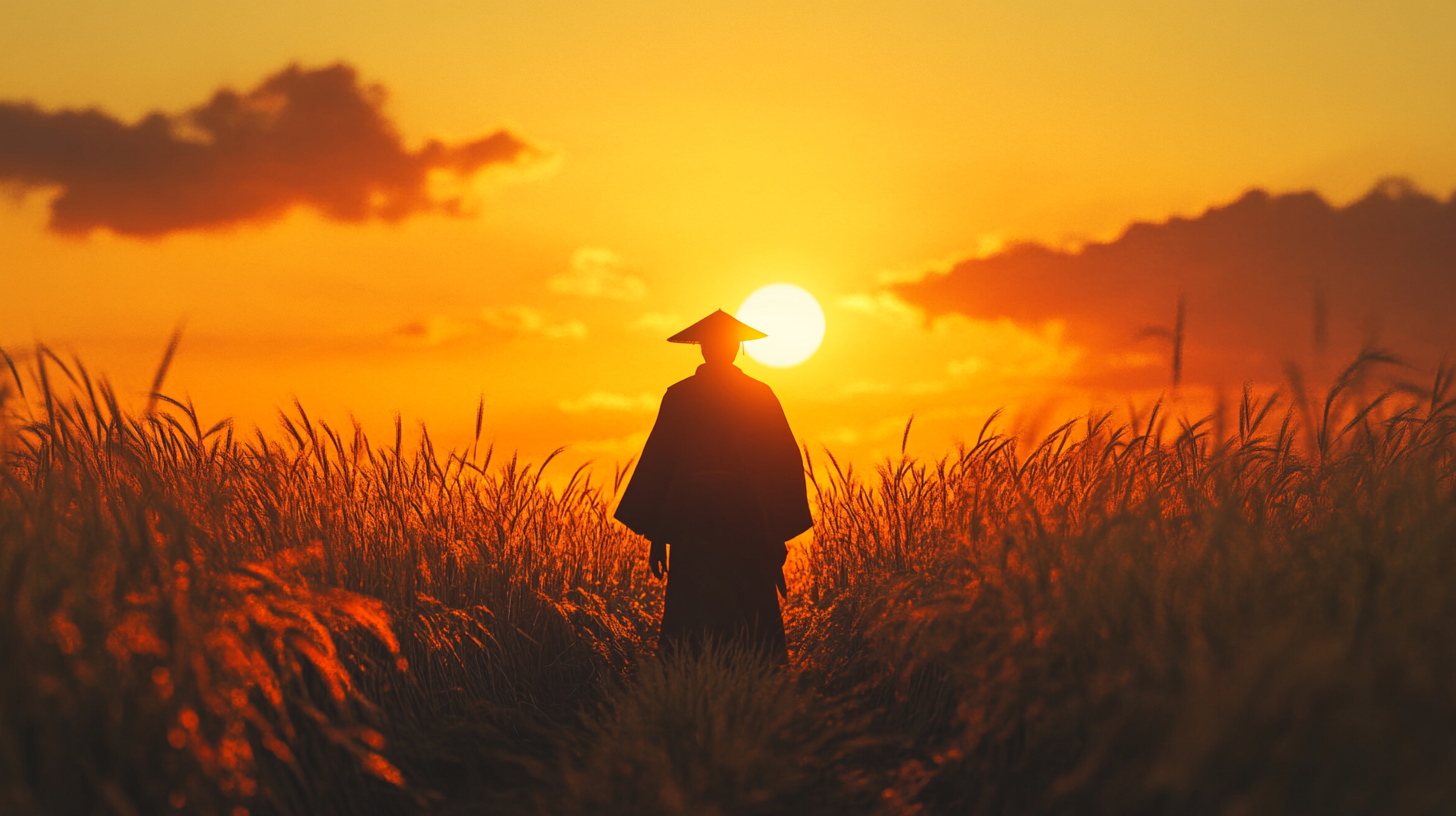 Nobleman in traditional Japanese robes at sunset