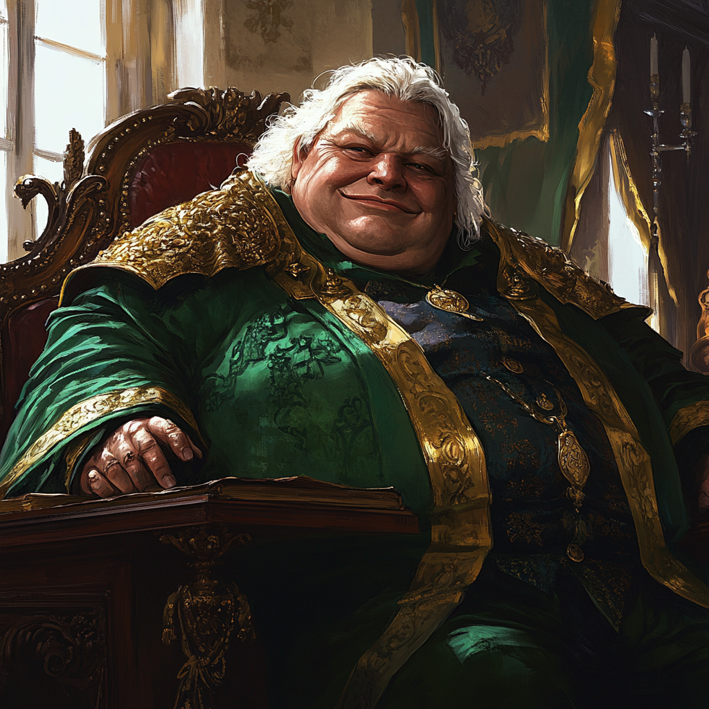 Obese white-haired male smiling desk