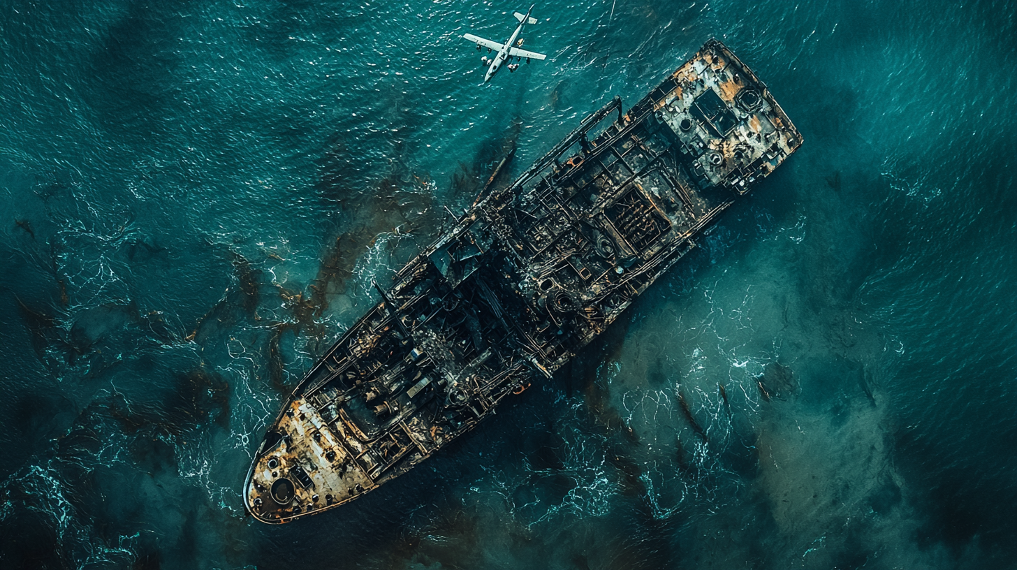 Aerial shot of burned exploration ship