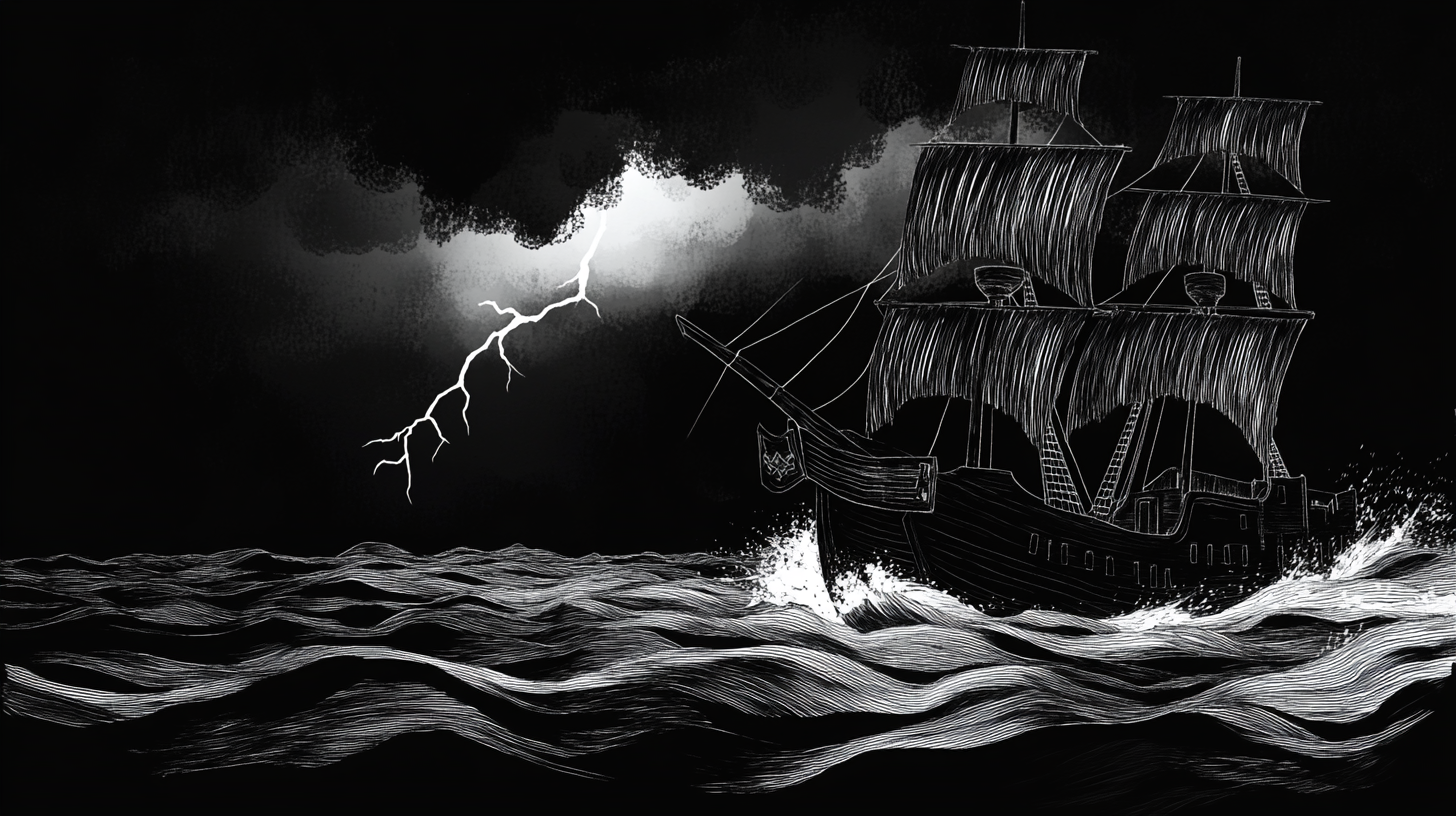 Black and white pirate ship storm