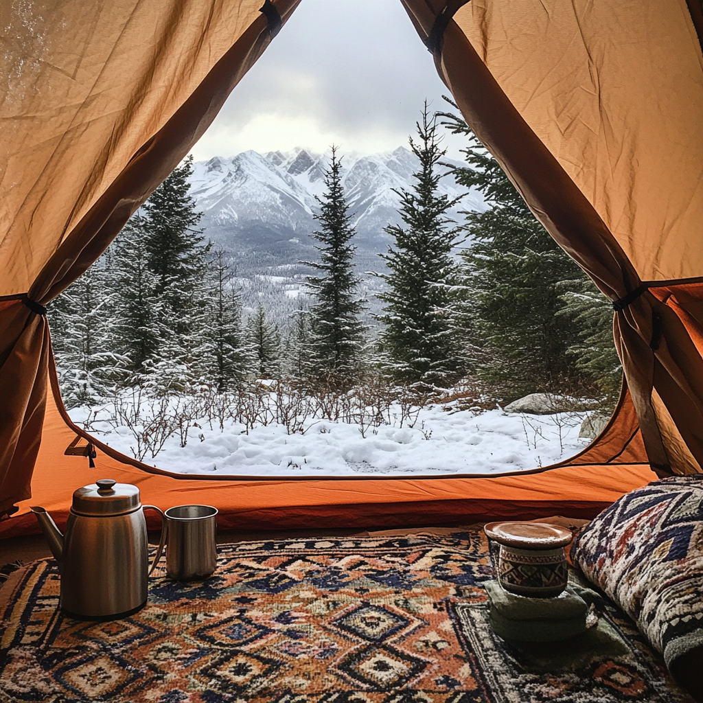 Snowy landscape inside orange tent