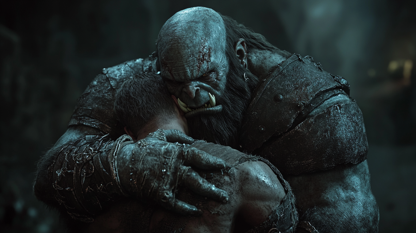 orc in headlock, d&d 5e, dark fantasy, epic battle