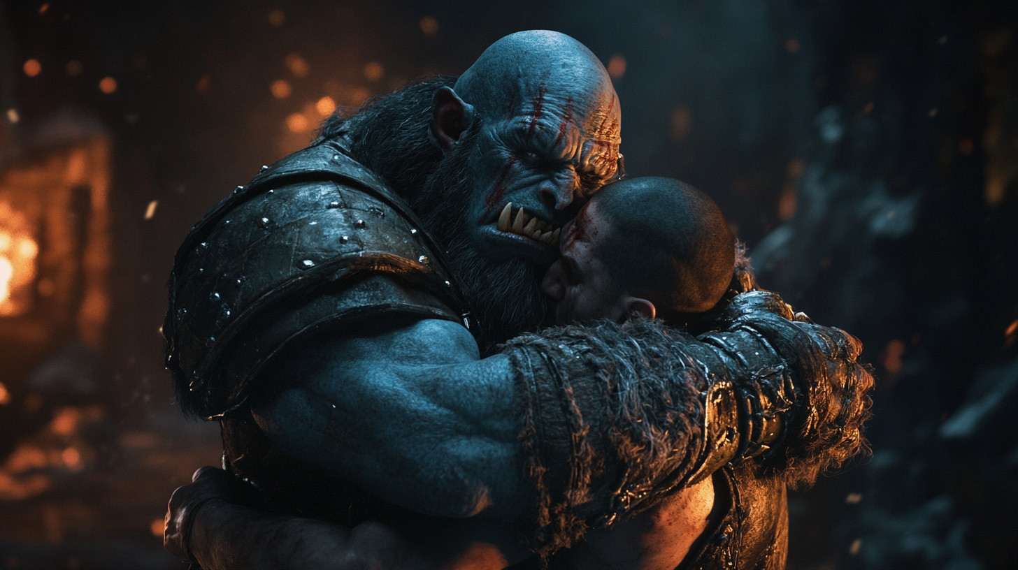 orc wrestling man in headlock, epic dark fantasy action