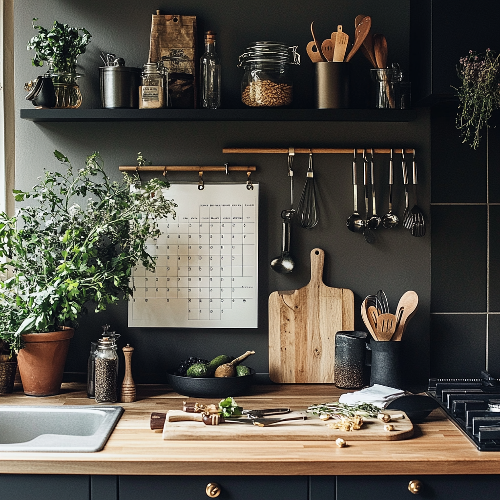 Serene organized kitchen with meal planner