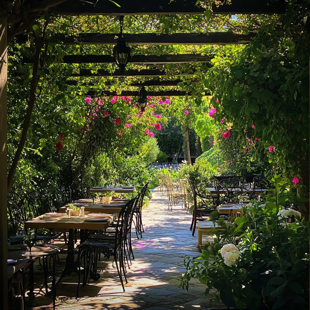 Serene outdoor lunch setting blooming