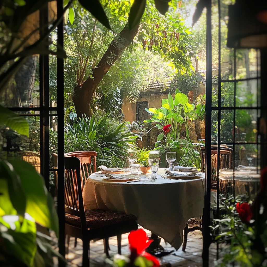 Cozy outdoor lunch surrounded by plants