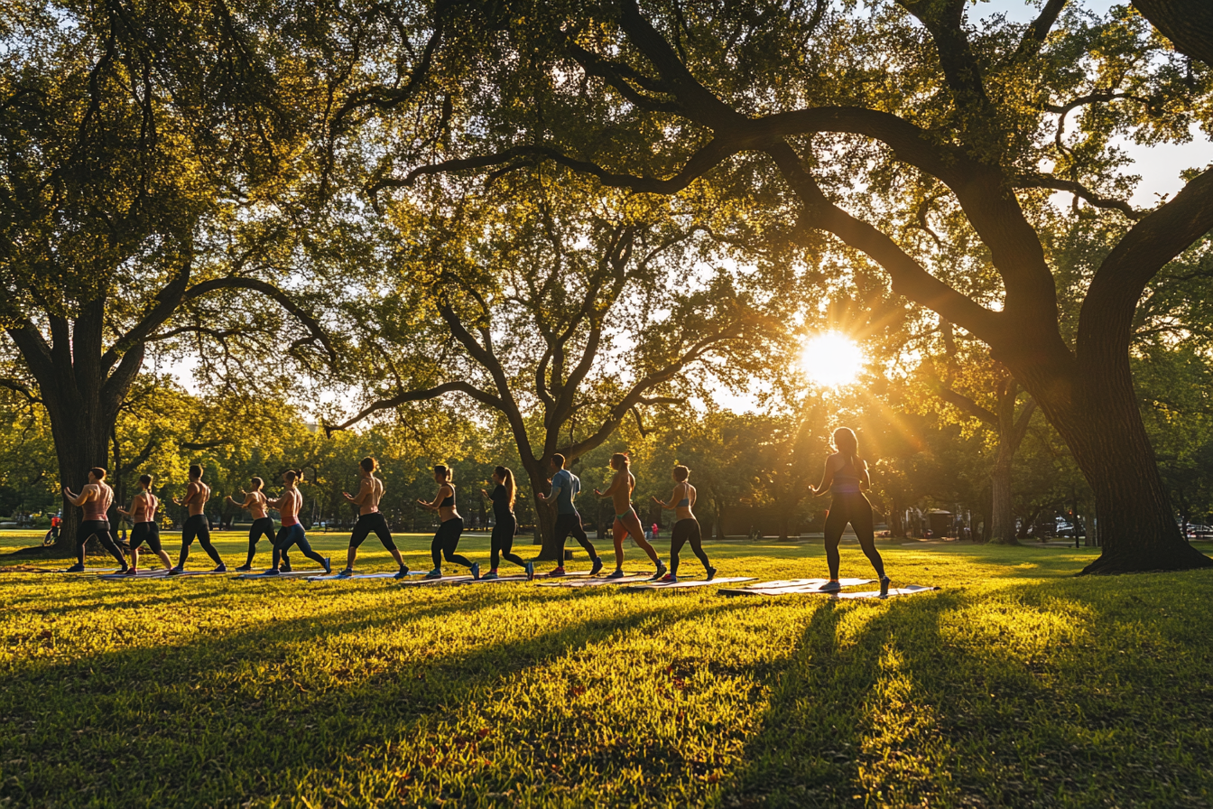 Group of people outdoor fitness park