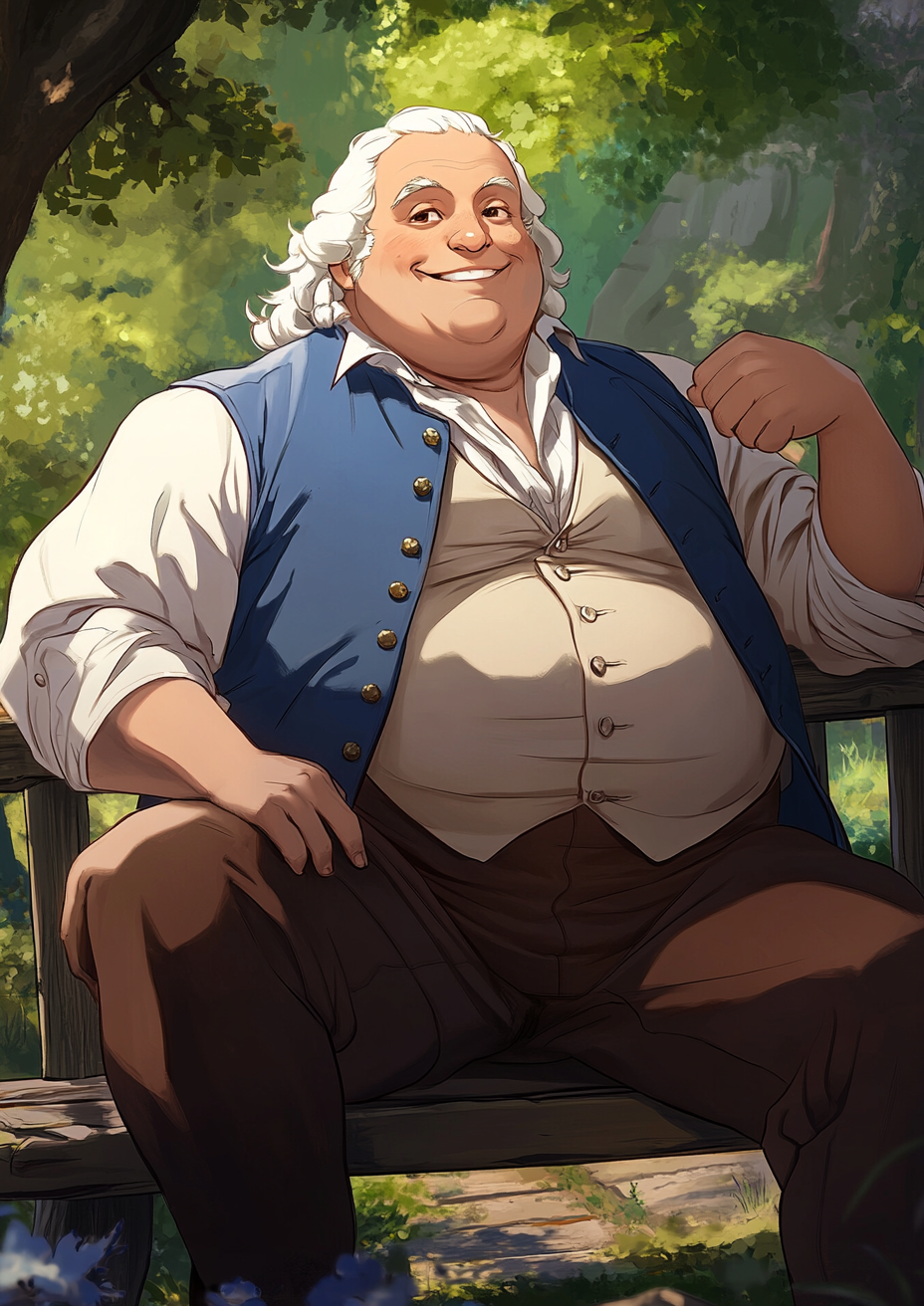 Smiling man in George Washington costume flexes belly