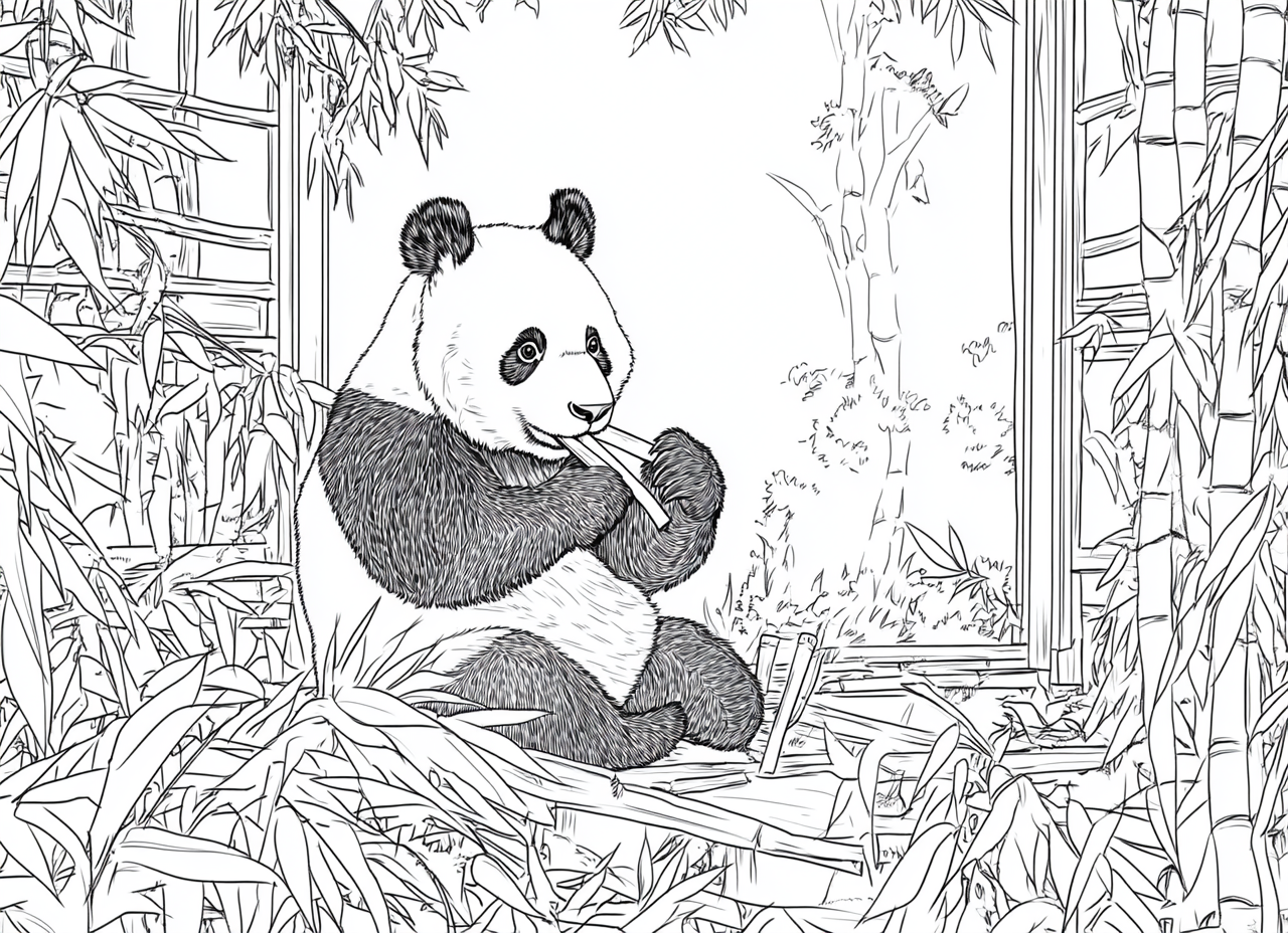 Panda Eating Bamboo in Temple