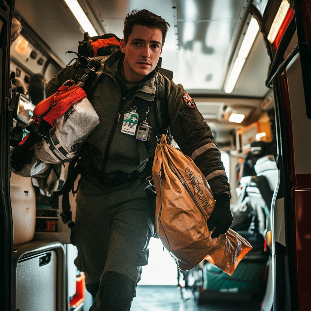 paramedic with medical equipment bags