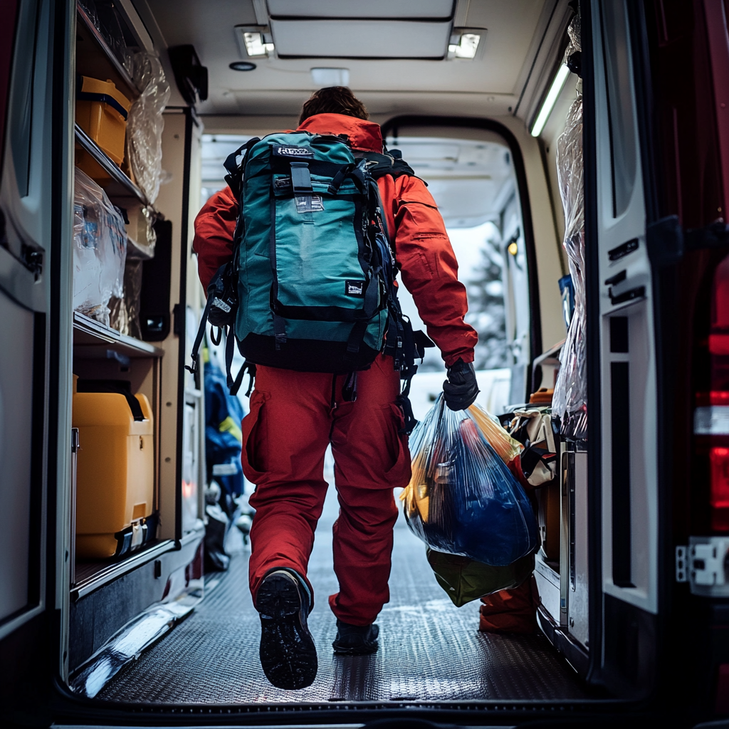 Paramedic with medical equipment cinematic scene