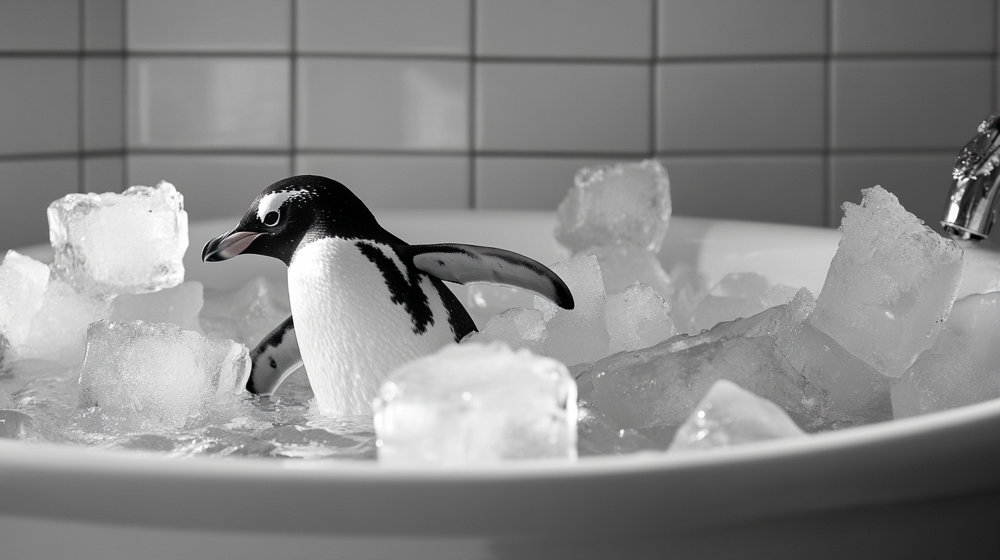 Penguin enjoying ice bath spa