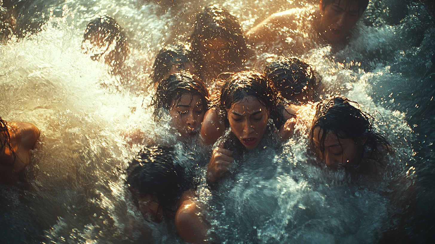 People in raging floodwaters