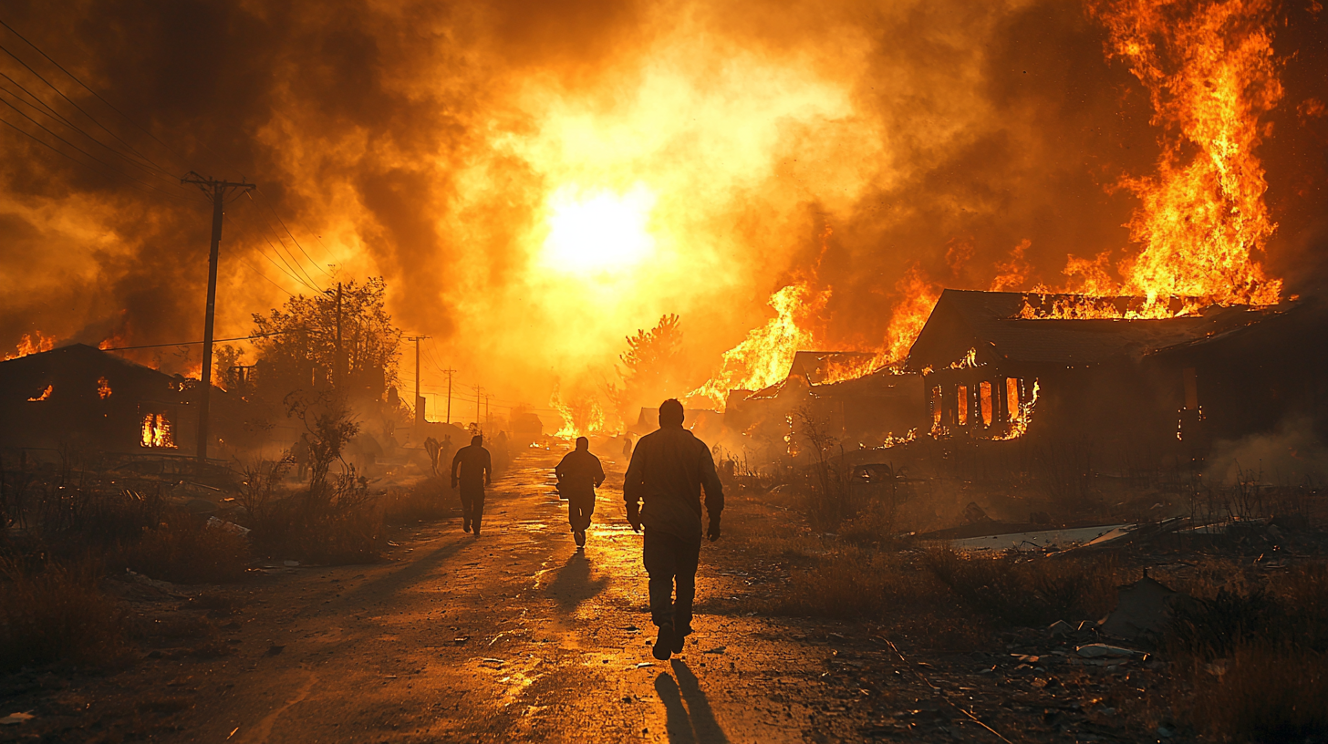 Terrified people running from wildfire