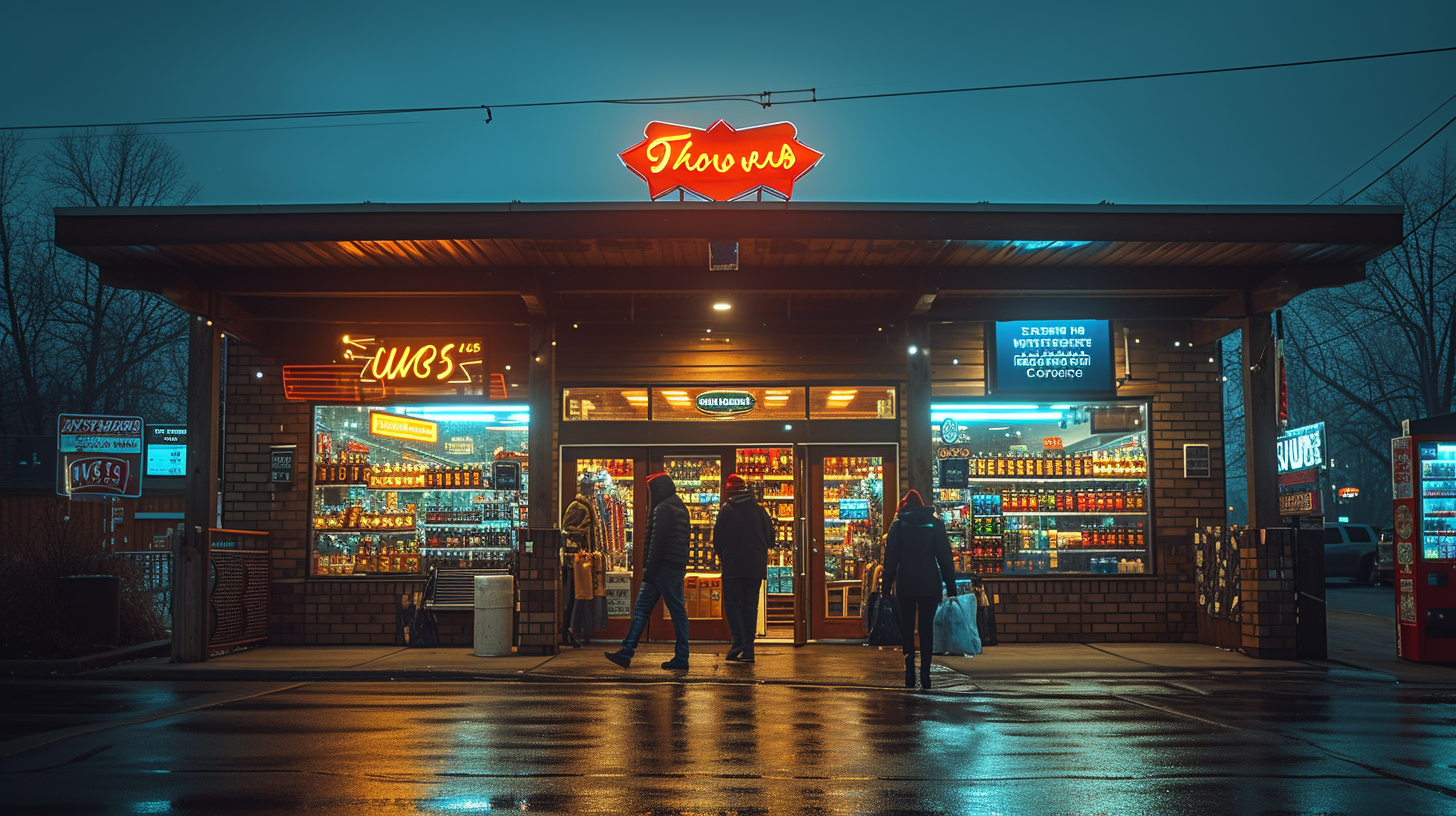 People exiting liquor store