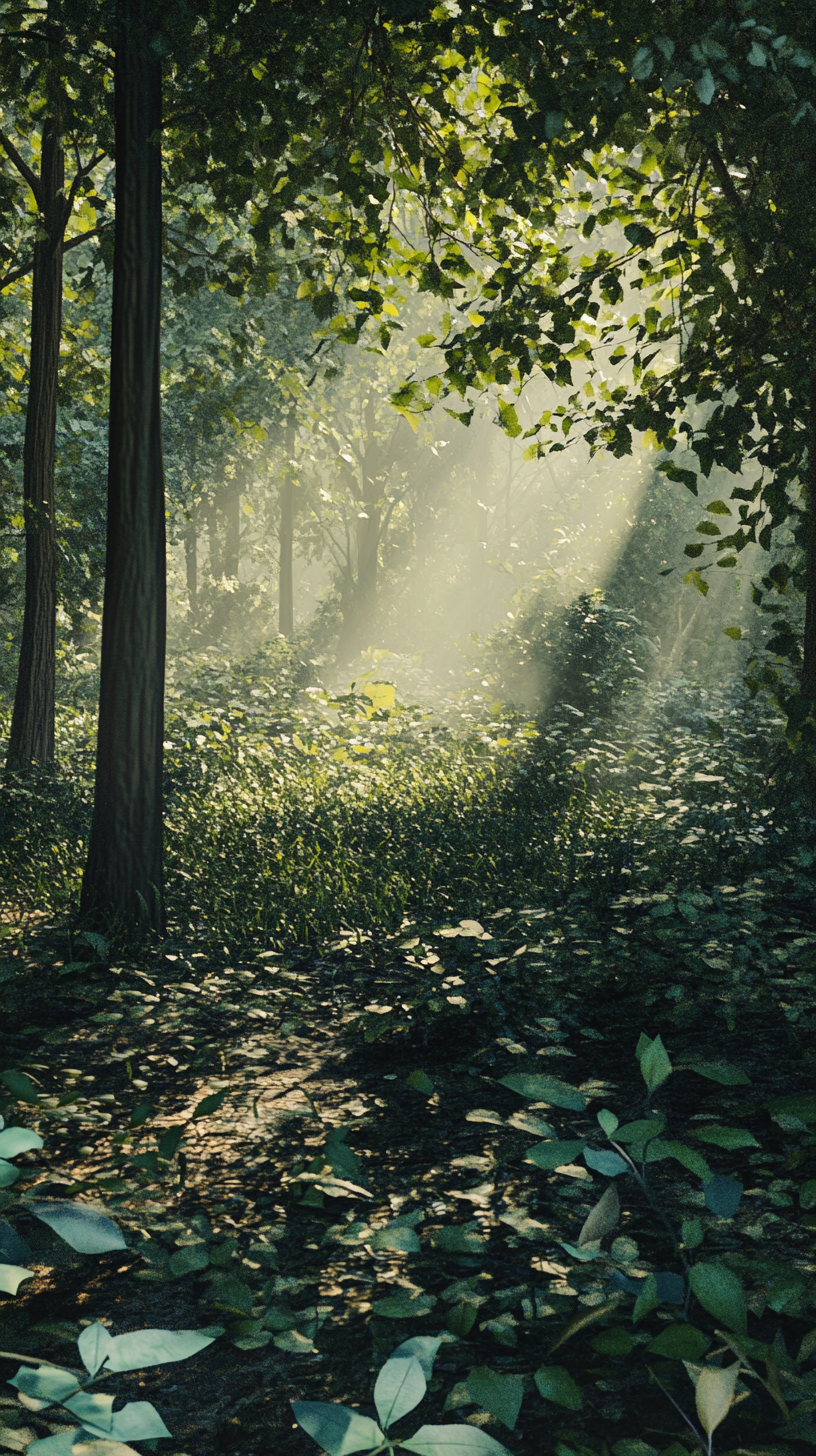 Forest scene with dappled sunlight