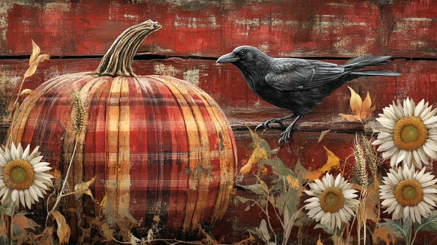 Plaid pumpkin, sunflowers, raven, cornstalks