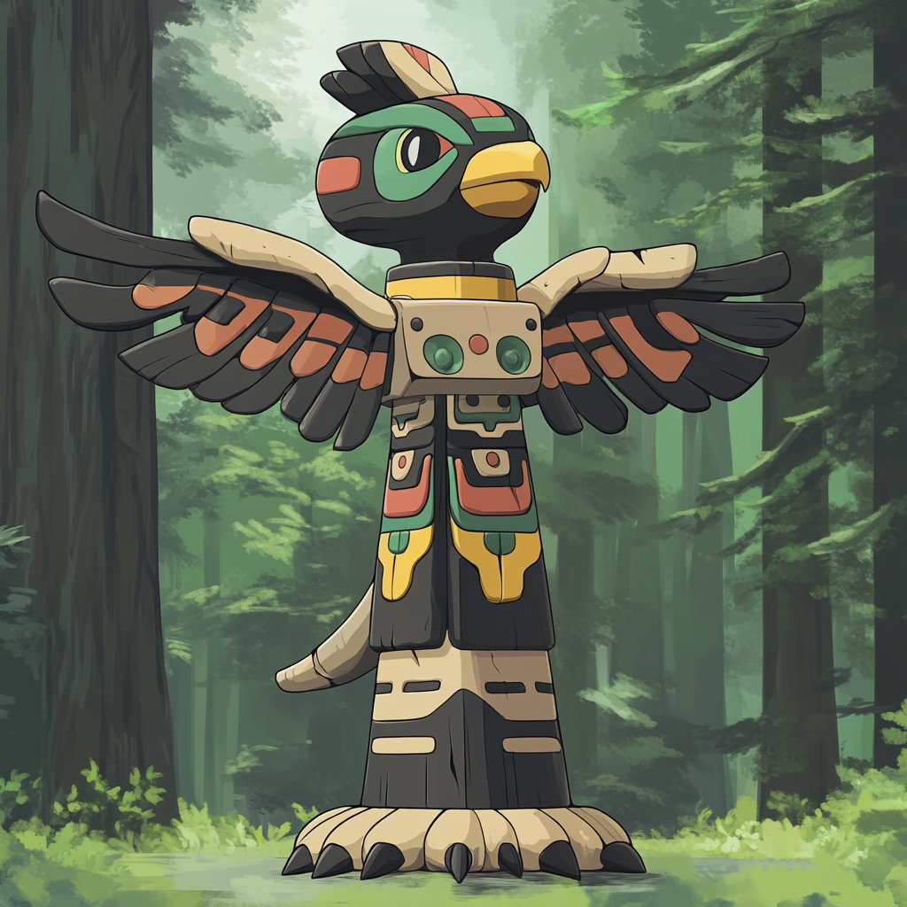 pokemon evolving in forest background, resembling totem pole.