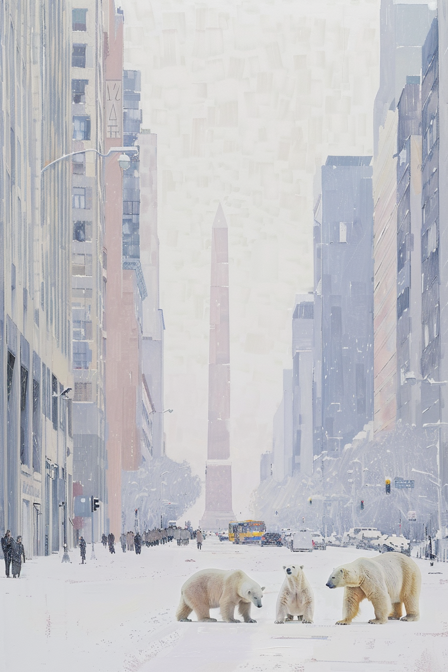 polar bears in street with Buenos Aires obelisk background.