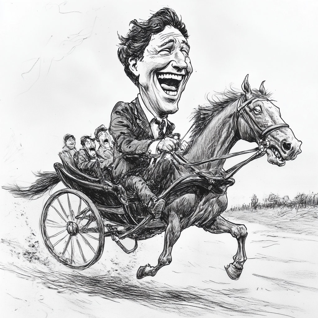 Trudeau laughing on carriage political cartoon