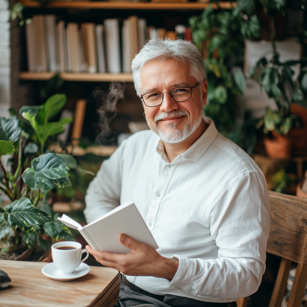 Middle-aged psychologist presenting elegant book