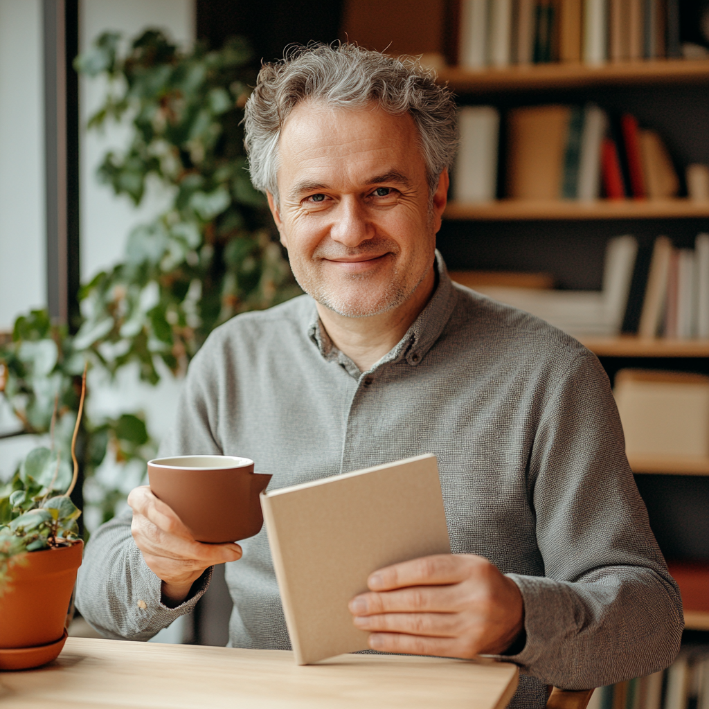 Middle aged psychologist presenting elegant book