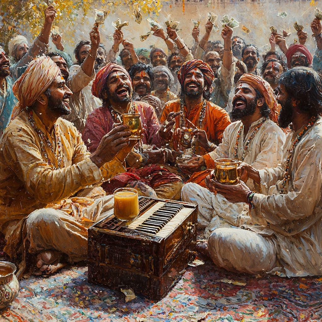 Qawwals playing harmonium and drinking chai