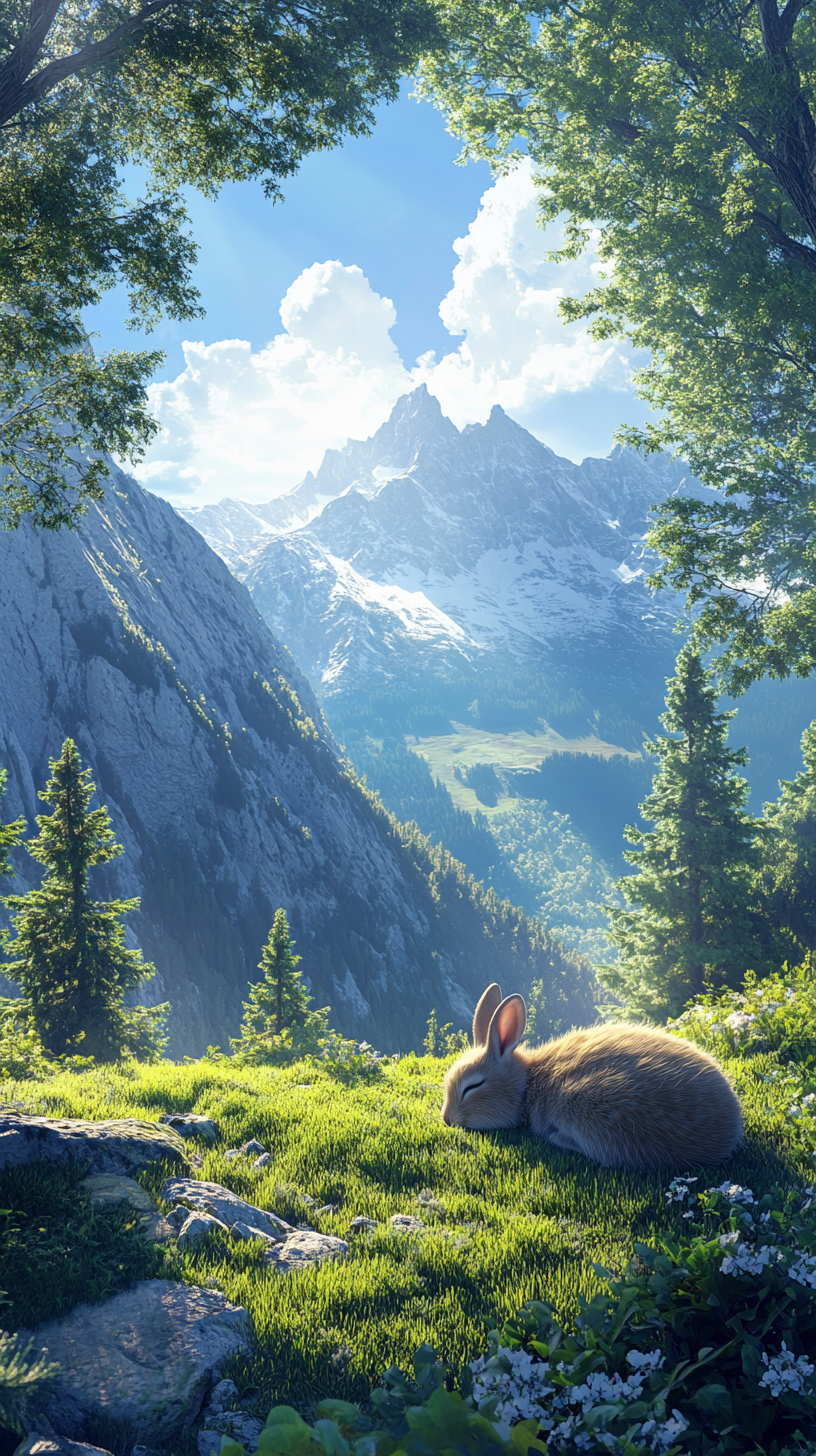 Rabbit sleeping in mountain landscape