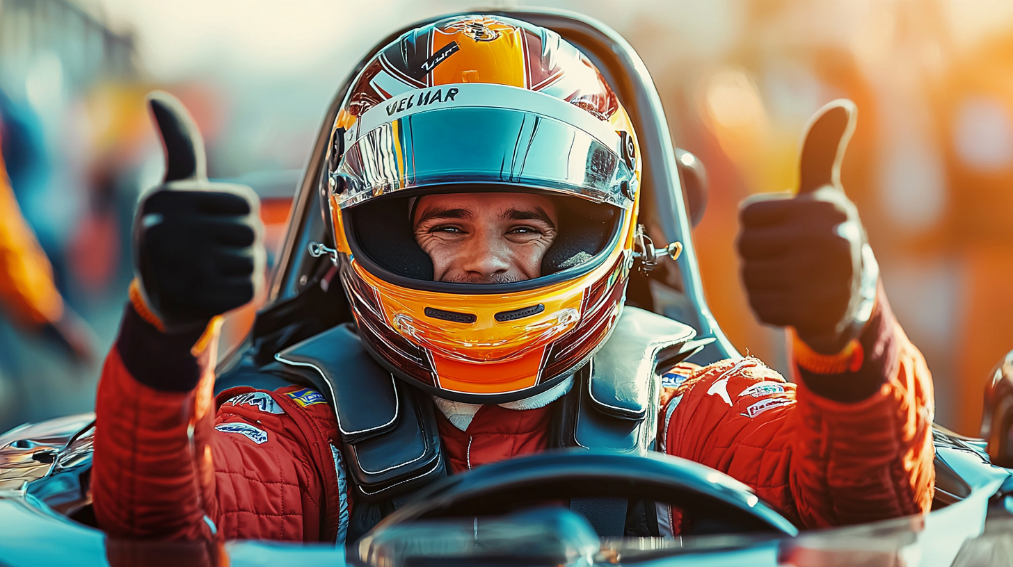 Racecar driver with thumbs up