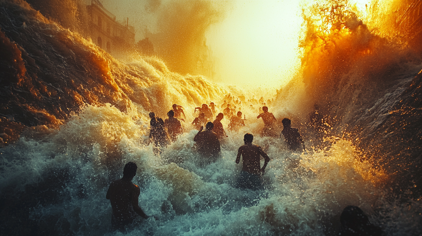 People in raging flood waters