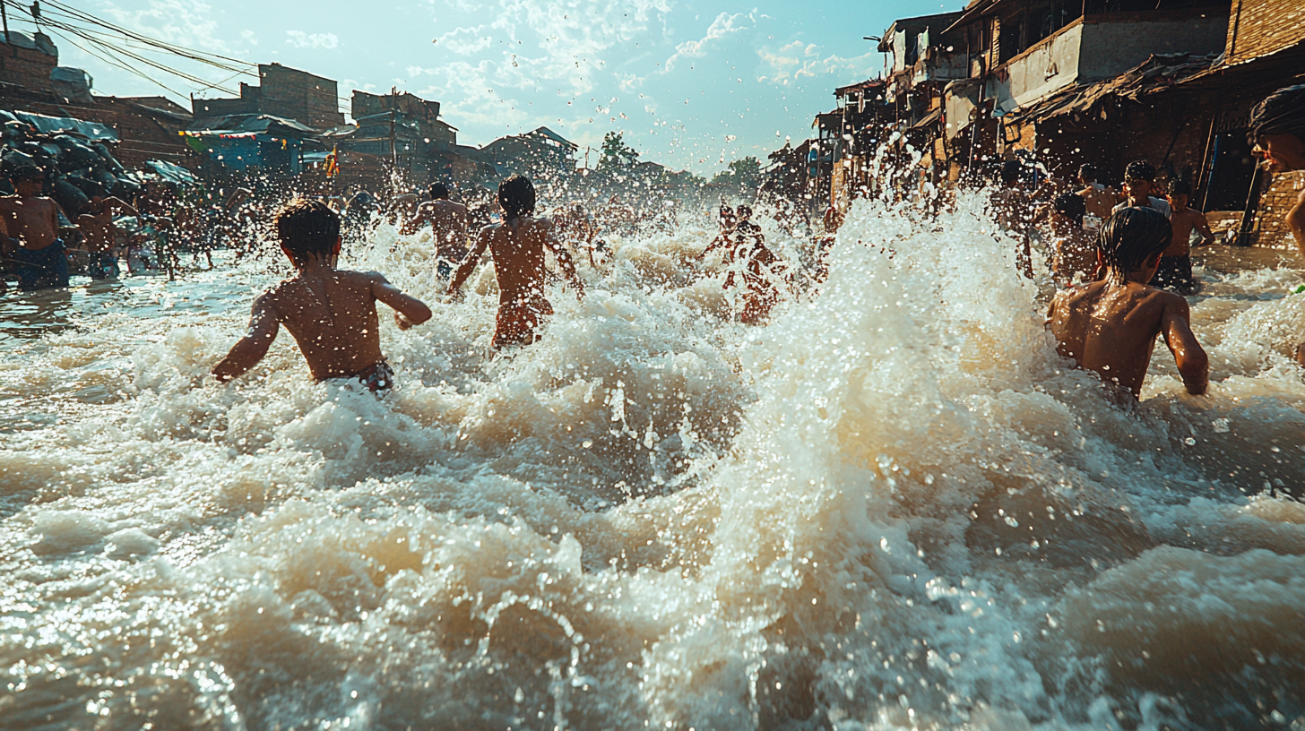 people in raging flood river