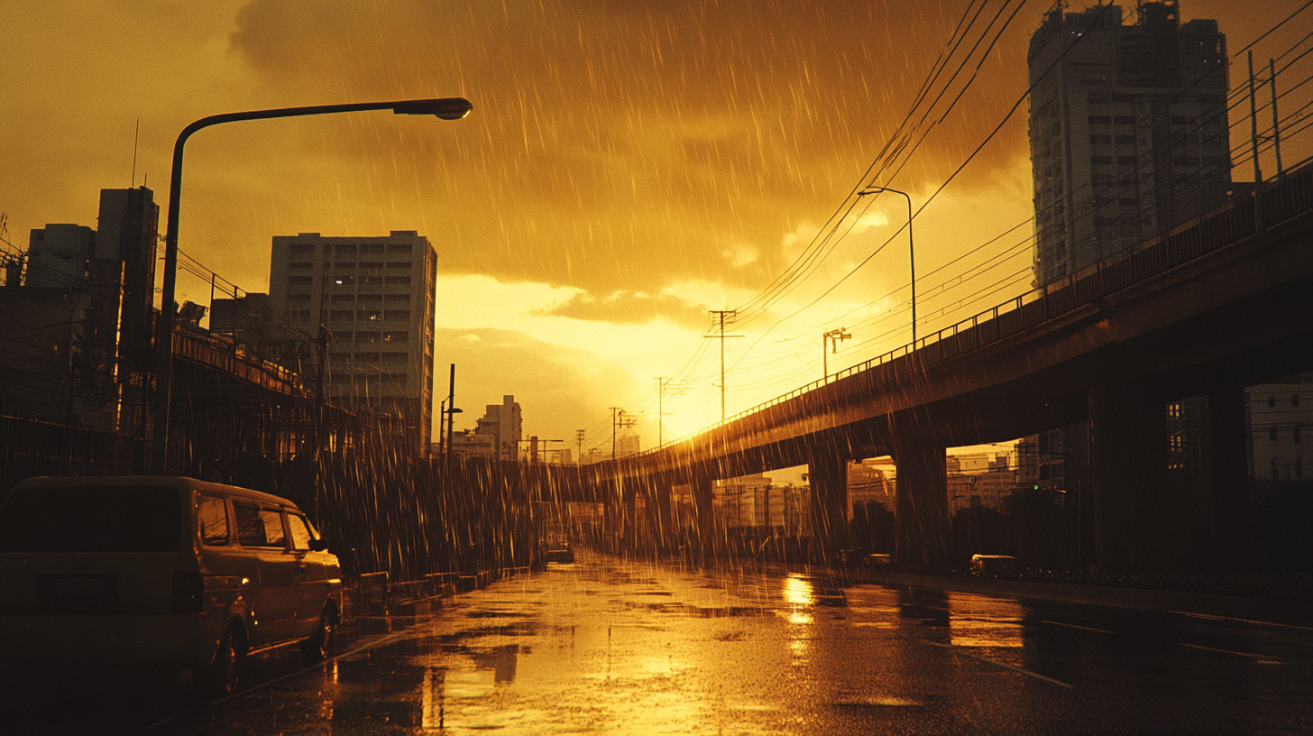 Rainy day street conveyor belt scene