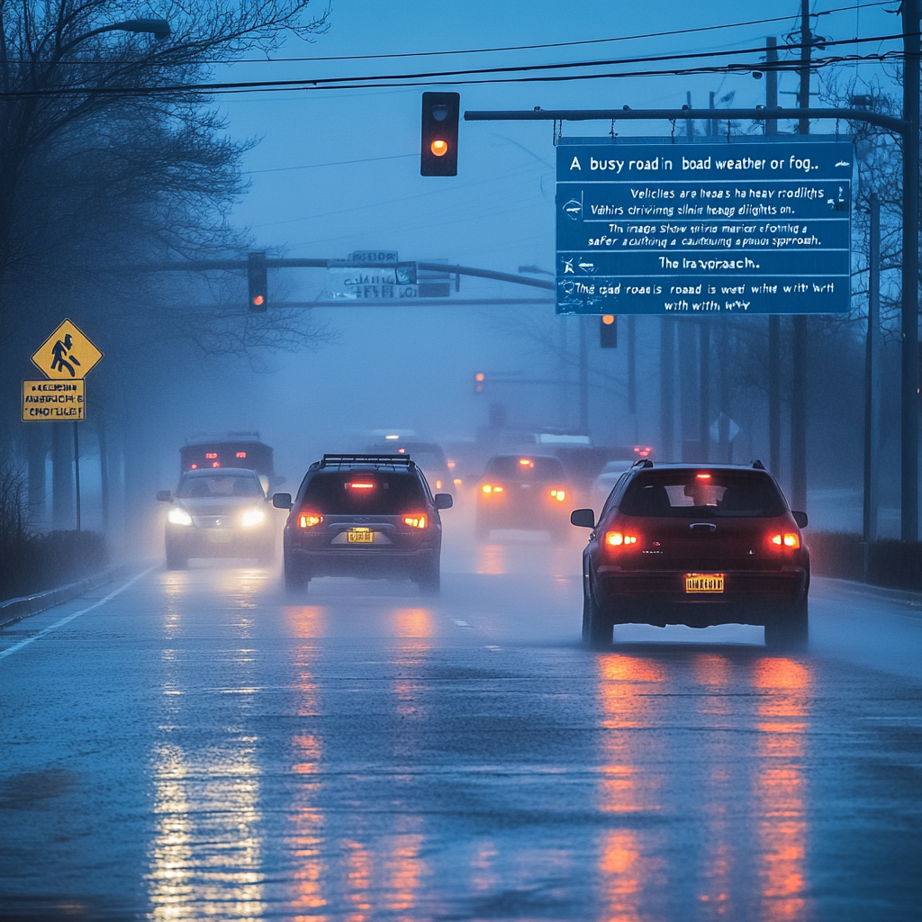 Rainy Road Traffic Lights Scene