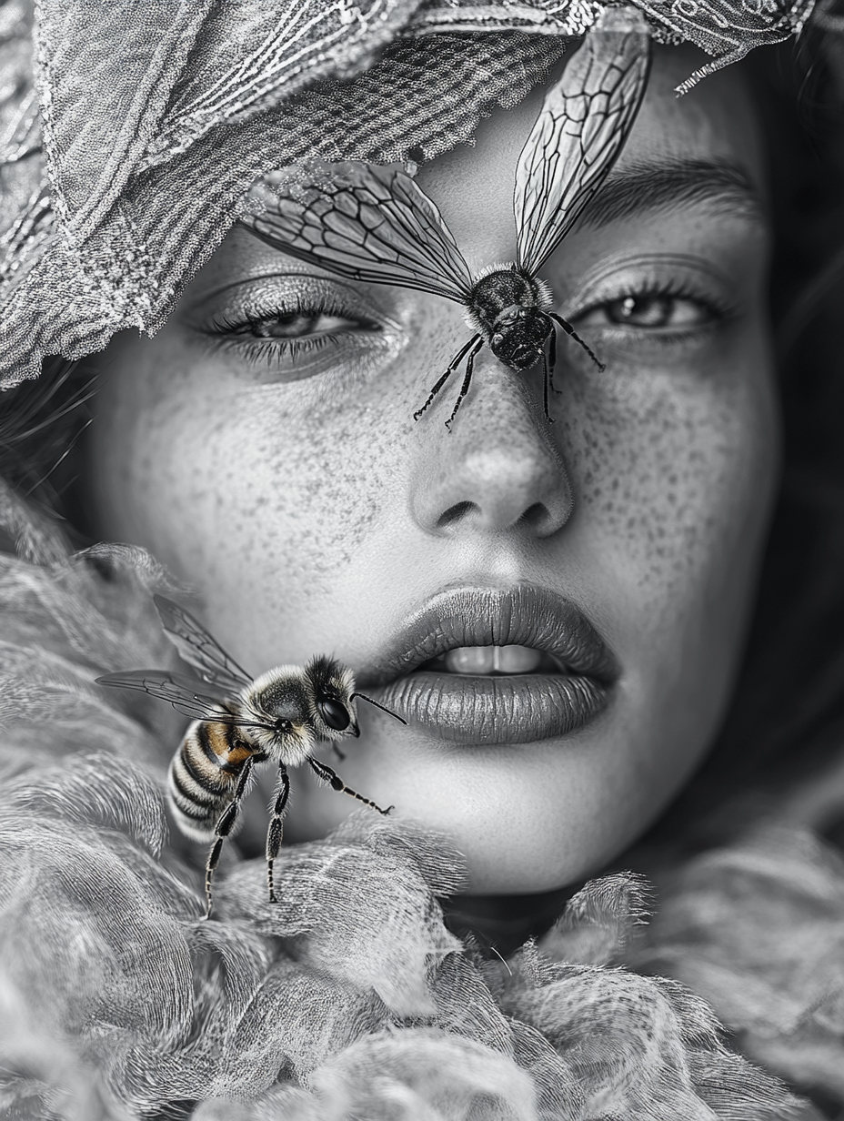 Detailed black white queen bee portrait