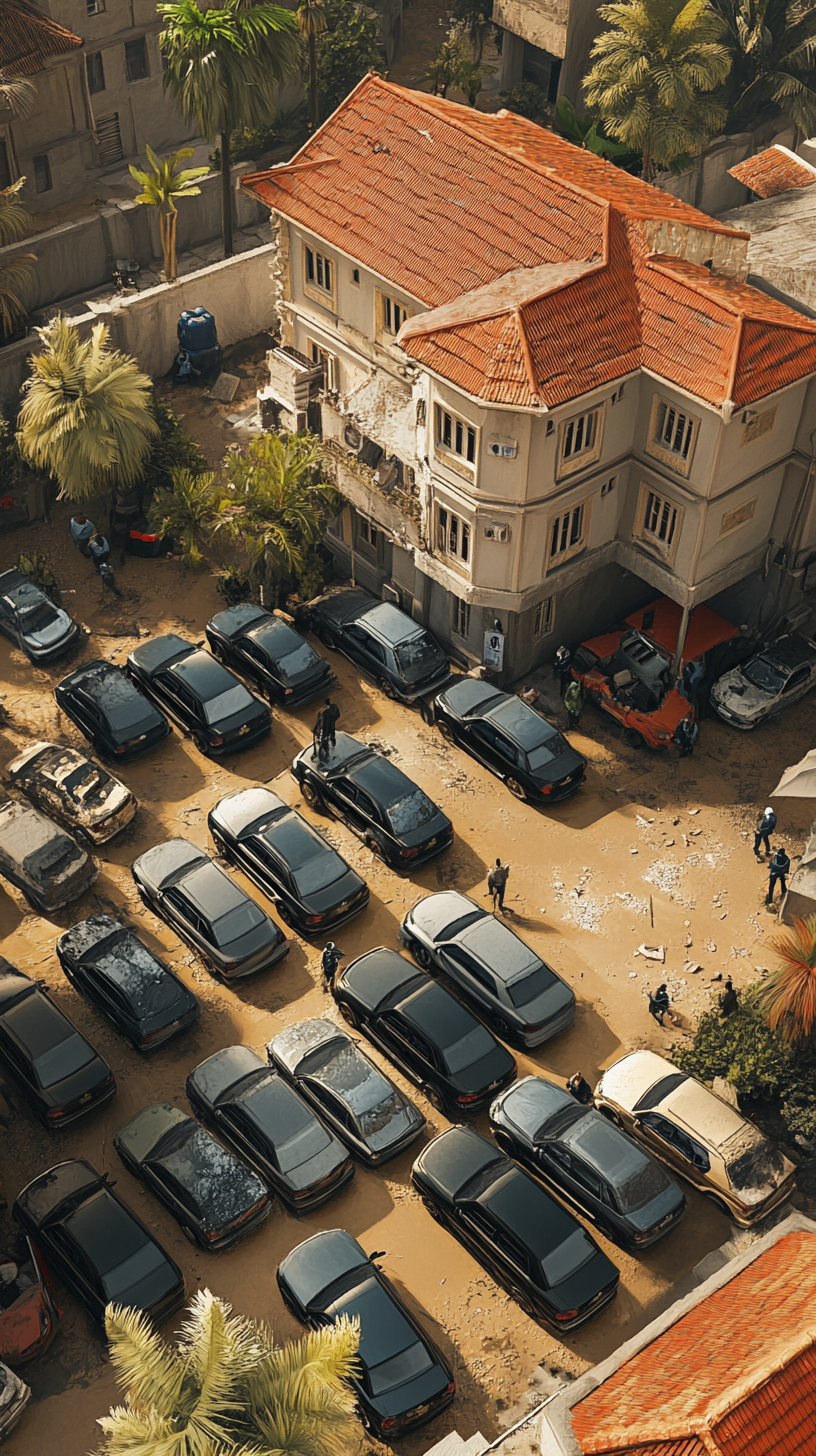 Nigerian police cars parked outside home