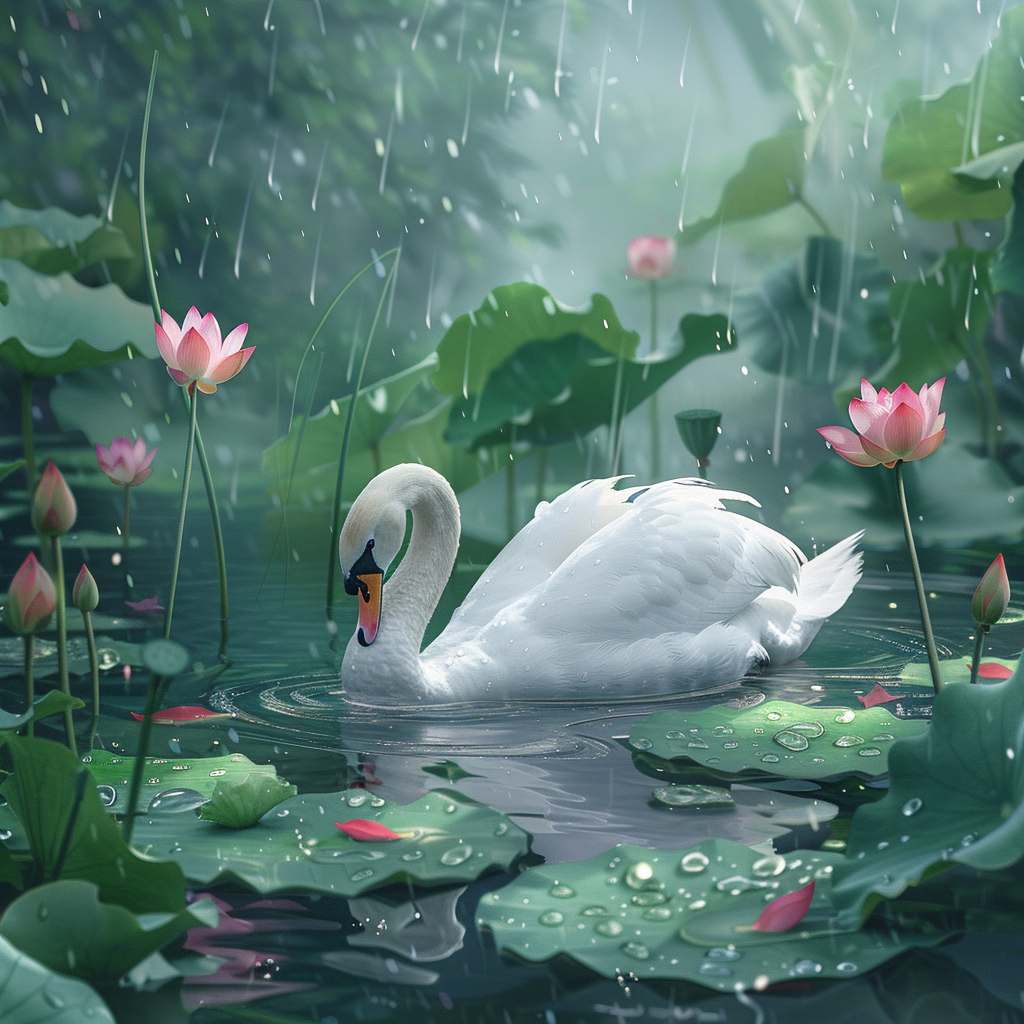 realistic white swan in lotus pond after rainstorm.