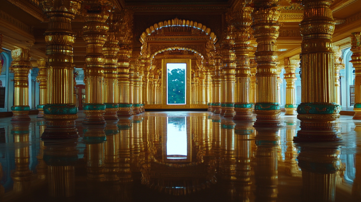 rectangle mirror in golden palace at night time.