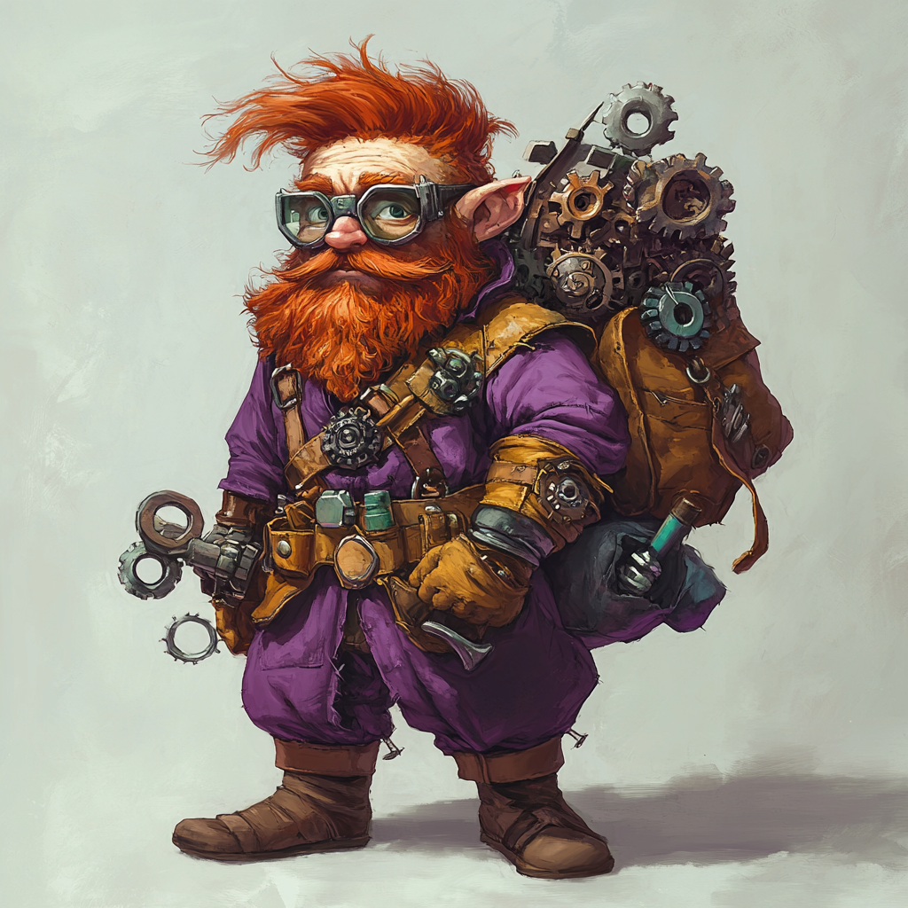 red-haired gnome wizard with wrench and goggles carries gears