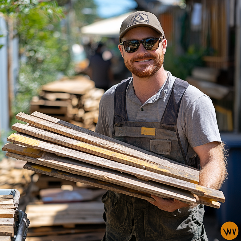 overweight man with wooden planks