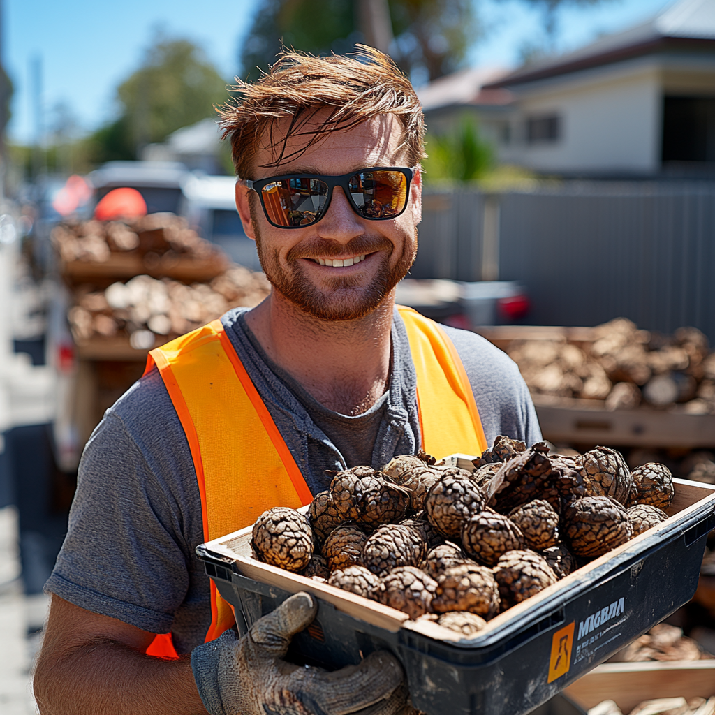 Redheaded man carrying wood skip bin