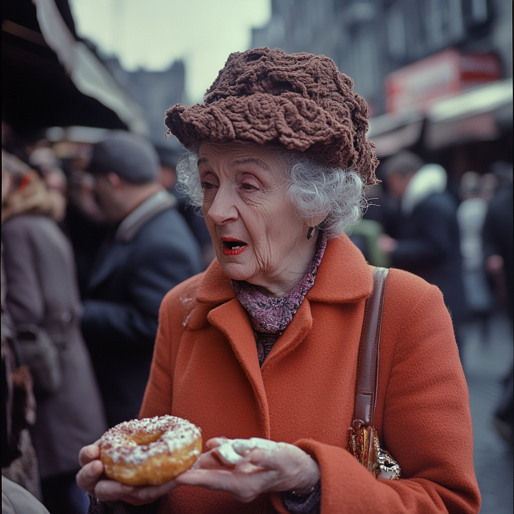 Older woman messy lipstick doughnut