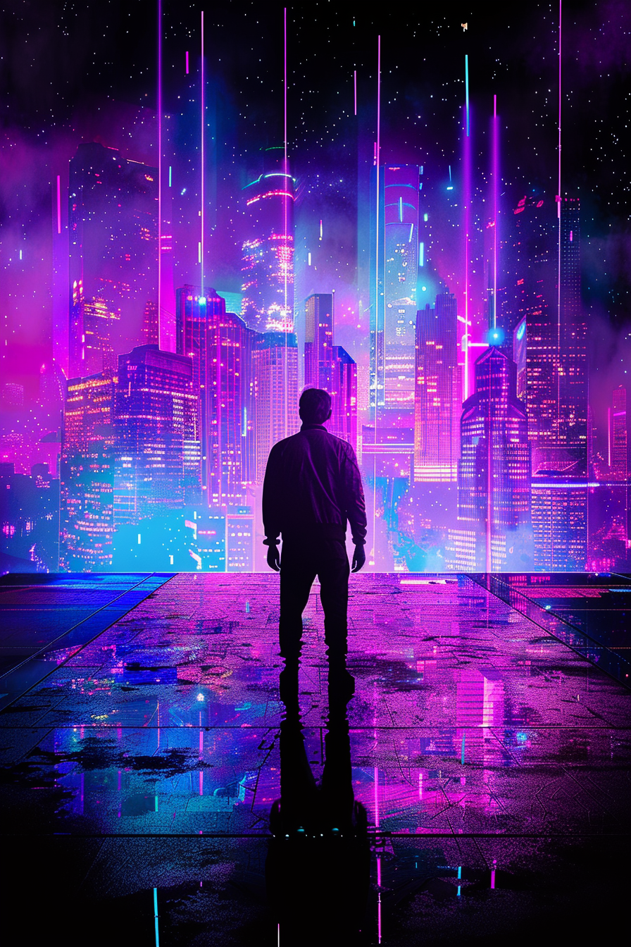 Neon Cyberpunk Cityscape Silhouette Design