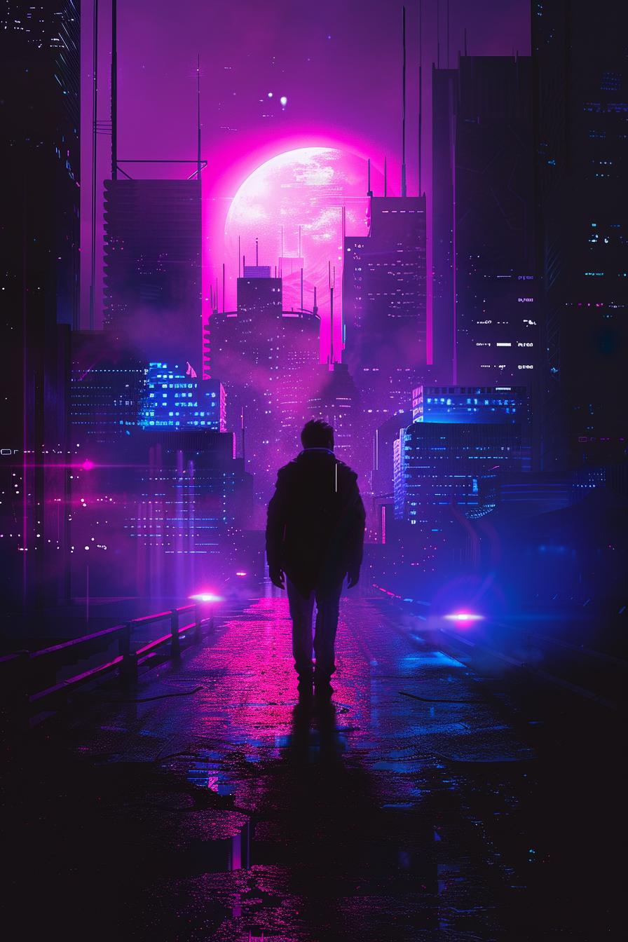 Silhouetted figure in neon cityscape