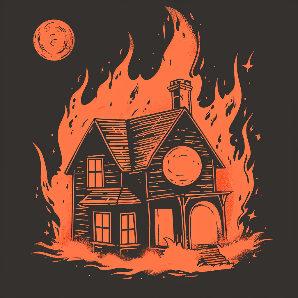 Retro house mascot drawing flames