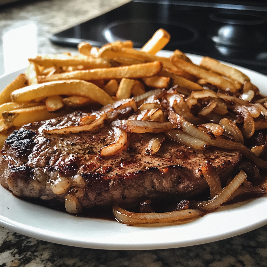 ribeye steak french onions fries