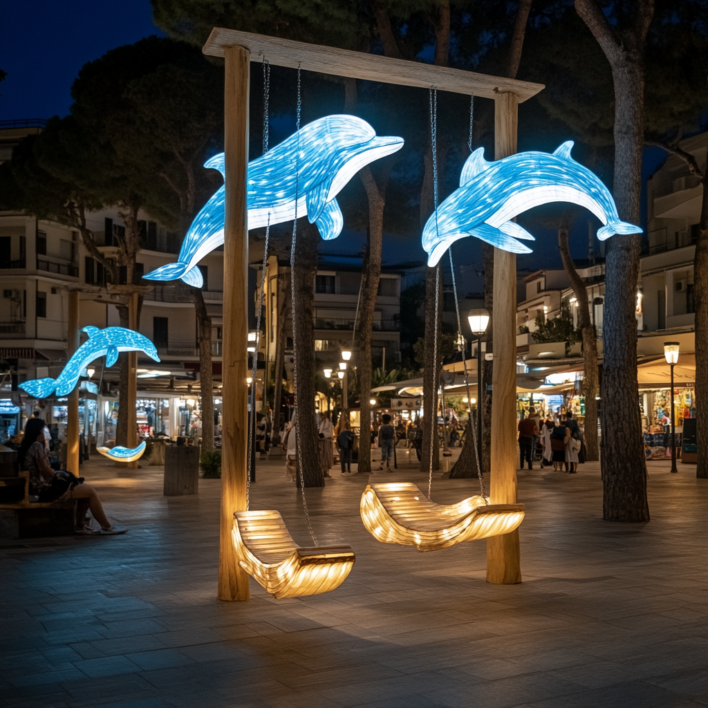 Night Square with Dolphin Lanterns Swing