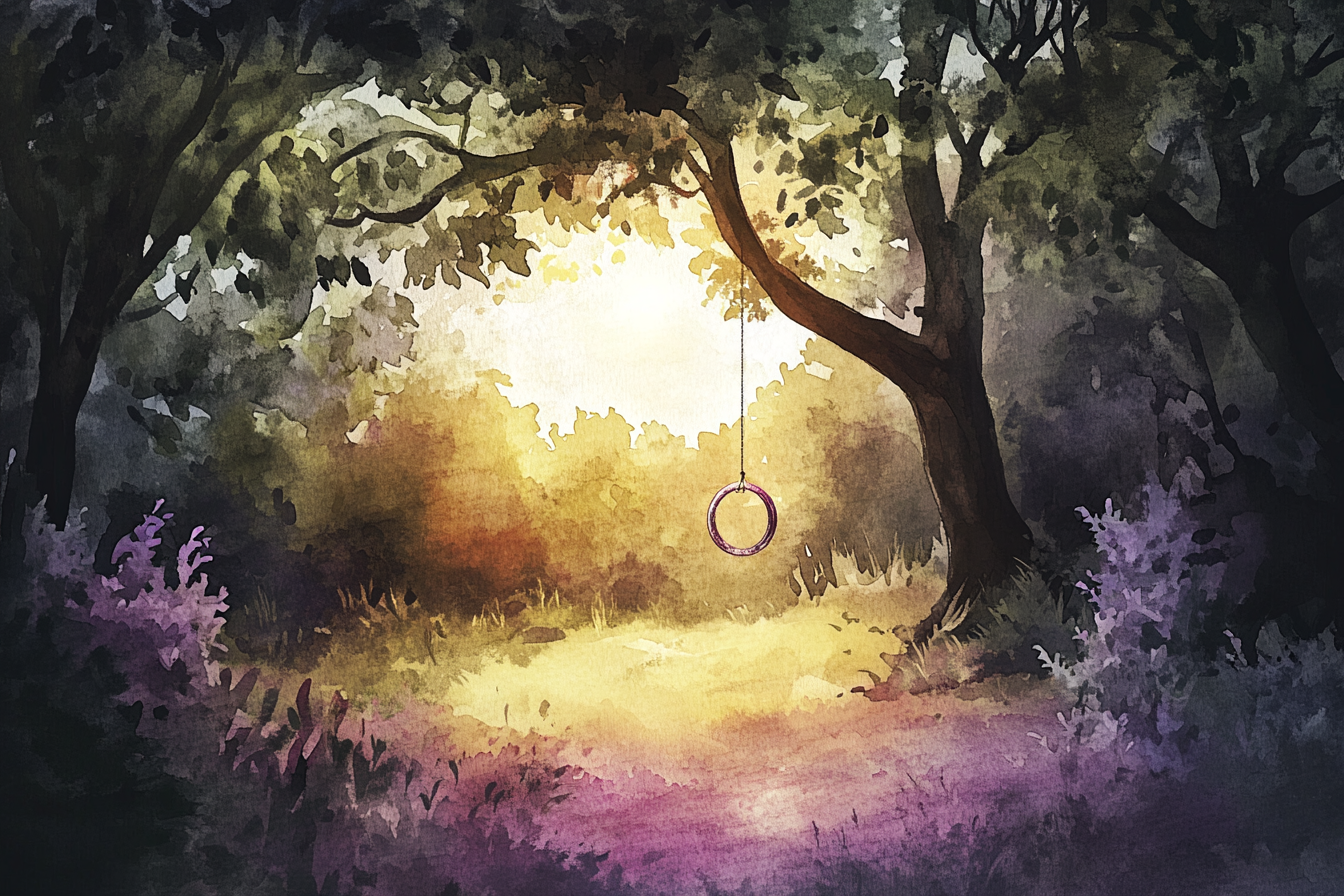 Watercolor illustration of ring on tree branch