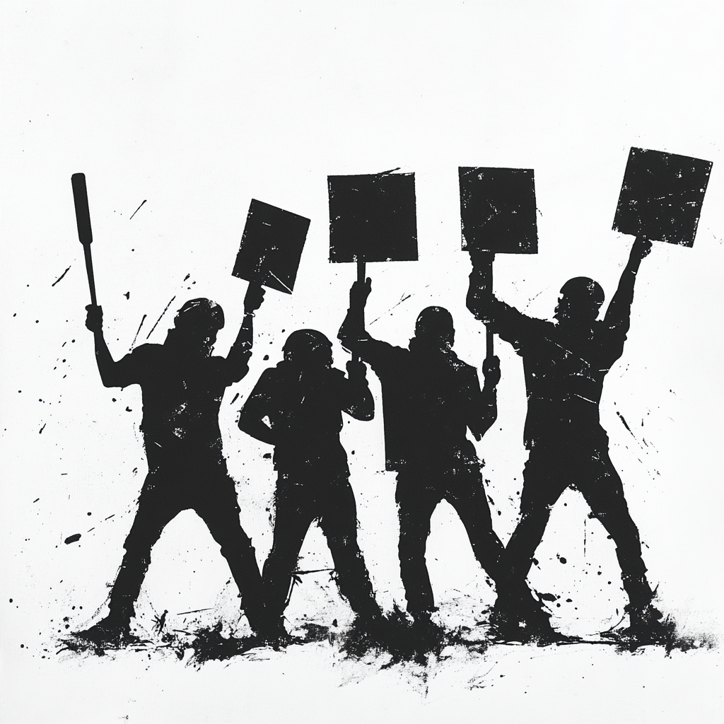 Rioters protest with weapons stencil