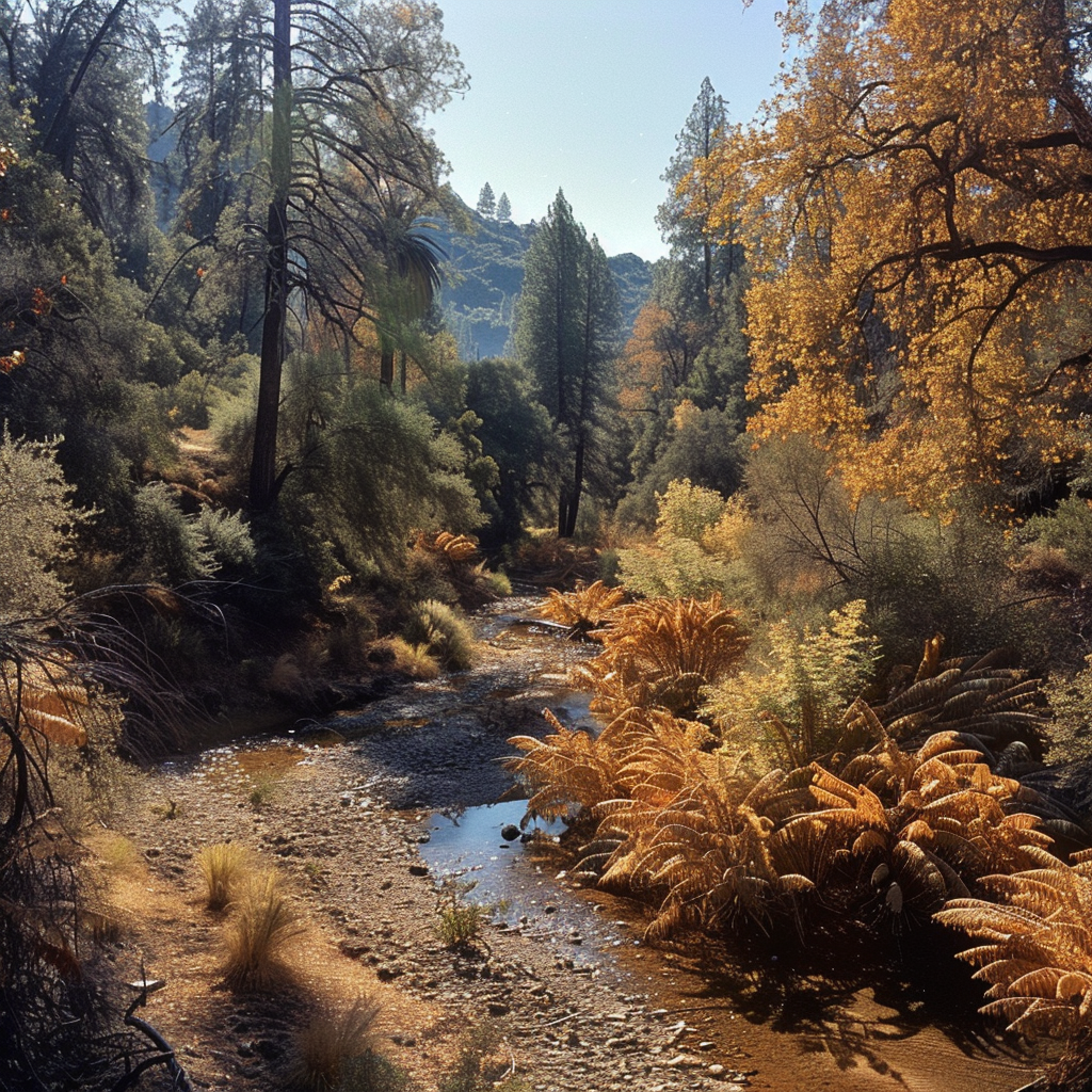 river bed in Autumn with surrounding forest trees