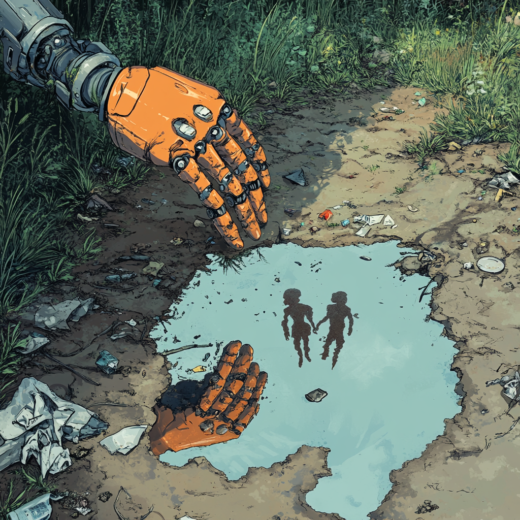 robot hand picking up garbage, reflection of giant aborigines.